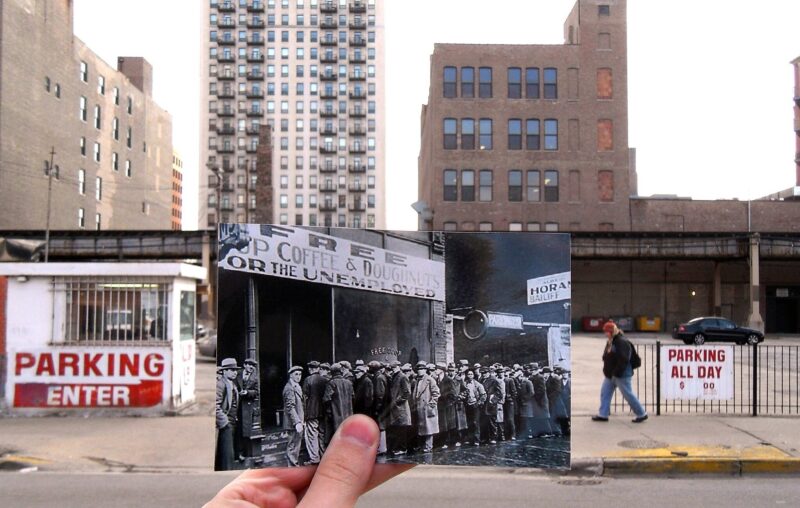 nemployed men queued outside a depression soup kitchen opened in Chicago by Al Capone, 02/1931. Original NARA photo from US Information Agency archives. This photo was taken by Arlen Parsa on January 4th, 2011 at the same location (935 S. State St). The original sign read "Free Soup, Coffee and Doughnuts for the Unemployed."