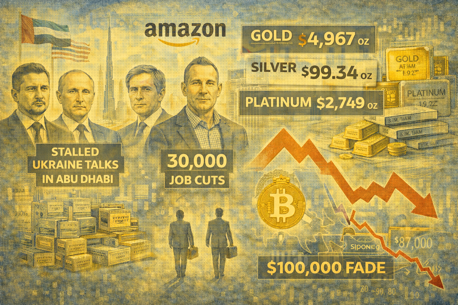 Ukraine peace optics stall, Amazon nears 30,000 cuts, metals hit records, Bitcoin slides below $90K.