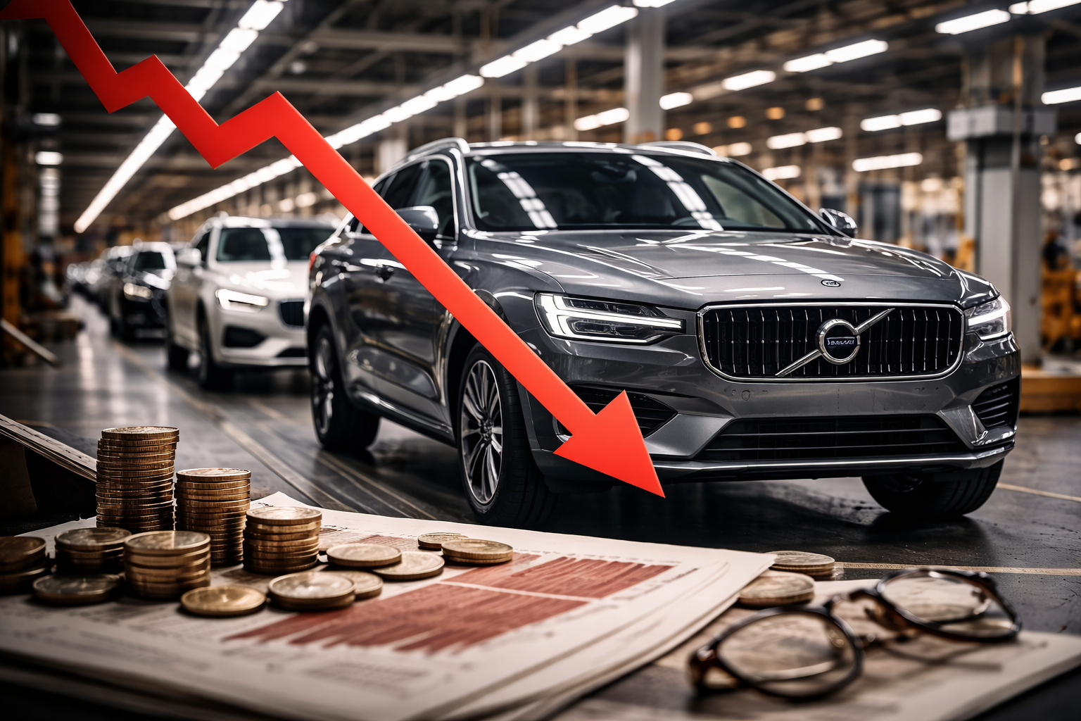 Volvo cars on an assembly line inside a manufacturing plant with coins and financial documents in the foreground, symbolizing automotive industry profit pressure.