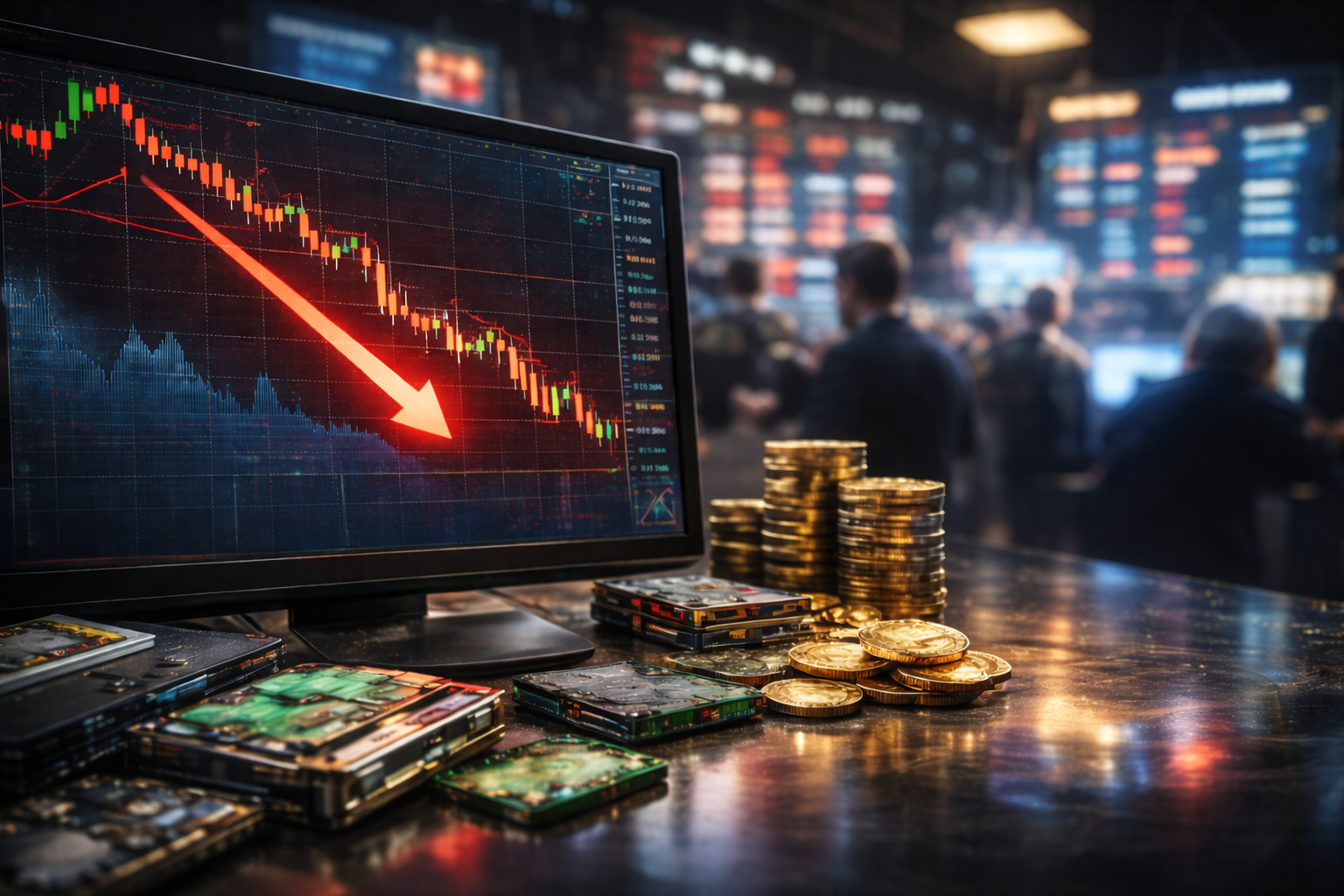 Trading desk with semiconductor chips and stacked gold coins beside a monitor showing a downward stock market trend on a busy trading floor.